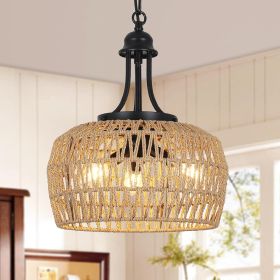 Farmhouse Chandelier For Dining Room, 3-Light Boho Rattan Chandelier Light Fixture Ceiling Hanging W