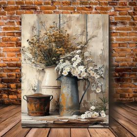 1 Piece Framed Wooden Canvas Painting, Rustic Wood Frame Canvas Art - Cream Yellow Wood Grain With White Jasmine Flowers With Rust Colored Wateri (Option: 24X16inch)