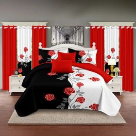 9-Piece Red Rose Bedding & Curtain Set (Queen/King/Cal King) - Quilted Microfiber Bedspread + Sheer Curtains (Option: black/white red flower-CAL KING)