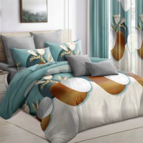 9-Piece Modern Floral Vase Bedding & Curtain Set (Queen/King/Cal King) - Quilted Microfiber Bedspread + Sheer Curtains (Option: Green Dot-KING)