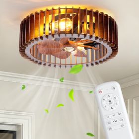 Wooden Fandelier Ceiling Fan With Light And Remote, 20in Flush Mount Caged Ceiling Fan With Light (Option: Walnut)