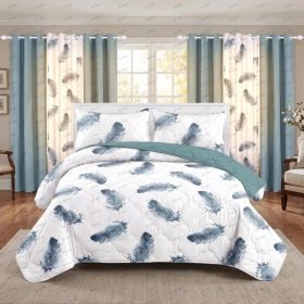 Blue Feather 9 Piece Bedspread Set, Quilted Bed Cover with Matching Curtains and Pillowcases, Queen King Cal King, Soft Easy Care (Option: Blue Feather-KING)