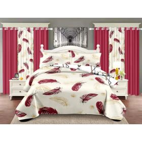 Quilted Bedspread & Curtain Set 9 Piece, Queen Size - Bedding Ensemble with Sheer Filtering Drapes, 1.6" Grommet Top, Machine Washable (Option: Red-Queen)