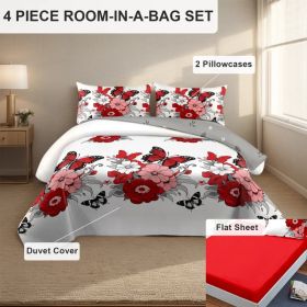 4-Piece Red Butterfly Floral Bedding Set (Queen/King/Cal King) - Microfiber Duvet Cover + Pillow Shams + Fitted Bed Sheet (Option: red butterfly peony-CAL KING)