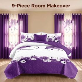 Purple White Gardenia 9 Piece Bedding Set, Washed Microfiber Bedspread with Matching Curtains and Pillowcases, Queen King Cal King, Soft Cooling (Option: Purple White Gardenia-KING)